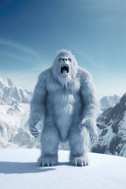 Fierce yeti roaring on a snow-capped mountain under a clear blue sky. Ideal for use in fantasy and adventure storytelling, mythological commentary, winter-themed graphics, and promotions involving wild or legendary creatures.