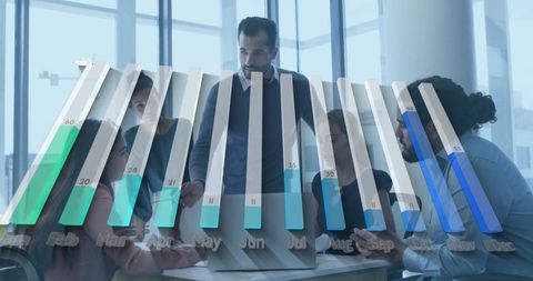 Diverse Team Analyzing Project Data with Digital Bar Chart Overlay