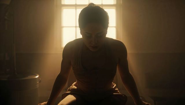 Female athlete sitting on bench bowing head sportswear backlit by window rays and dust