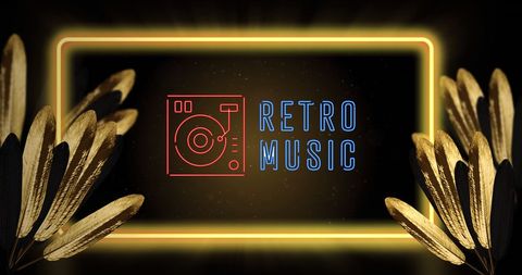 Retro Music Neon Sign with Phonograph Icon and Metallic Leaves