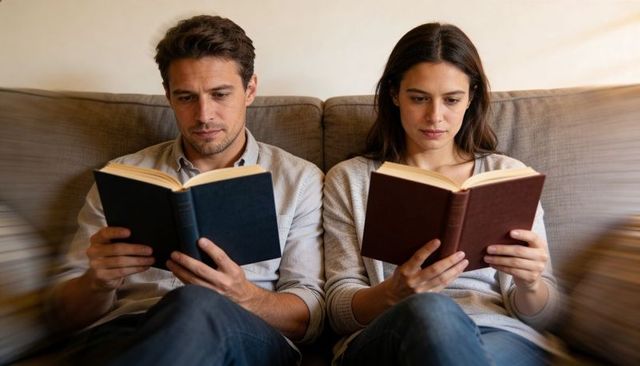 Couple reading together on sofa at home holding hardcover books for cozy relaxation