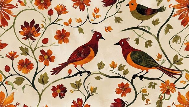 Decorative stylized birds amid lush botanical patterns