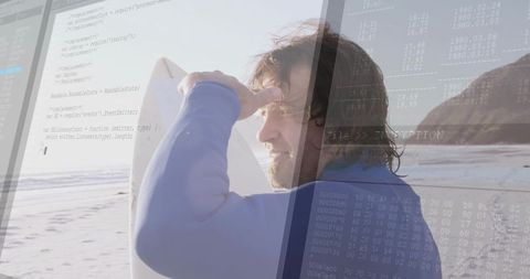 Surfer Embraces Ocean Adventure with Digital Technology Overlay