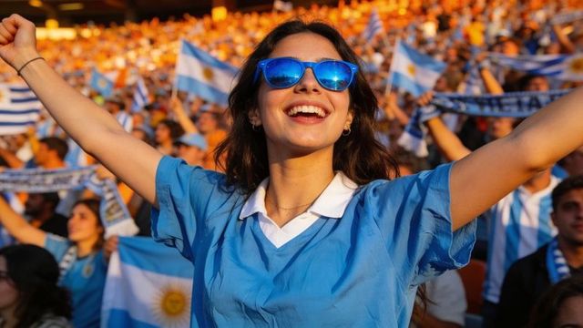 Argentina soccer fan cheering in blue jersey with mirrored sunglasses at sunset