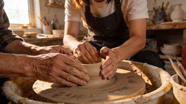 Mentor guiding student shaping clay on pottery wheel in sunlit ceramic studio