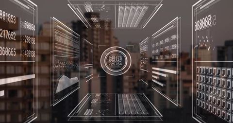 Augmented Reality Data Tunnel Displaying Floating HUD Panels Over Urban Rooftop