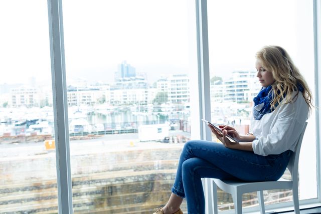 Young businesswoman sitting by large office window, using digital tablet. Ideal for themes related to modern work environments, technology in business, professional women, and urban office settings.
