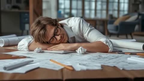 Exhausted Architect Relaxing During Intensive Work Laying on Desk
