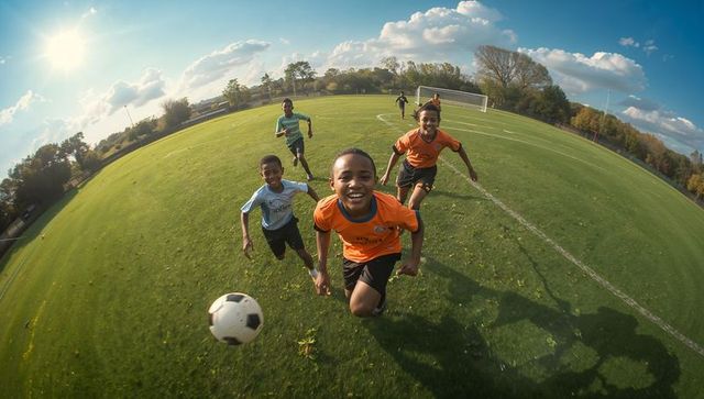 Youth soccer players sprinting toward camera on sunlit park pitch with ball in foreground