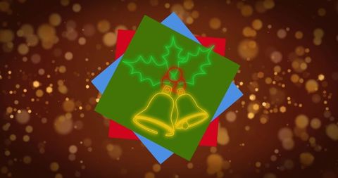 Festive neon bells overlapping colorful squares
