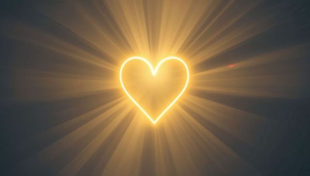 Golden Neon Heart Radiating Sunburst Rays with Soft Haze Vignette for Romantic Concept