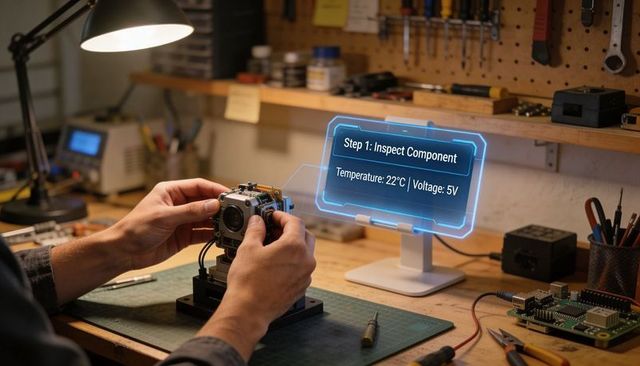 Technician adjusting camera module on workbench with holographic diagnostic display