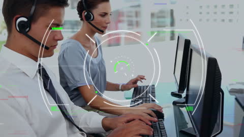 Customer Support Team with Digital Data Visualization Interface