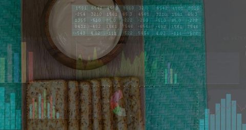 Flatlay displaying latte and seeded crackers on wooden board with teal mat and finance charts