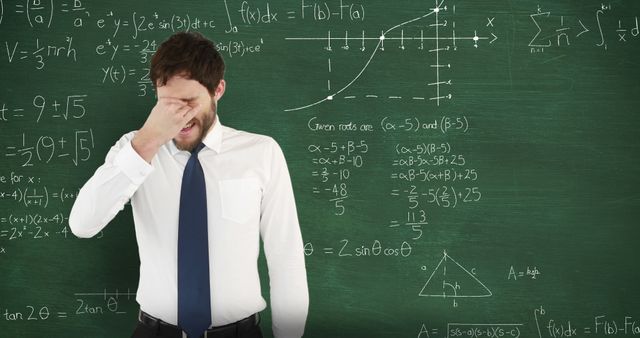 Image of frustrated bearded Caucasian man seen waist up standing in front of chalkboard with moving mathematical calculations written on it in chalk 4k
