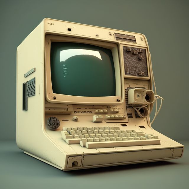 Retro computer with integrated keyboard and vintage display screen evokes 1980s technology nostalgia. Perfect for illustrating the history of computing, tech evolution references, vintage tech advertisements, or educational contexts about the development of electronics.
