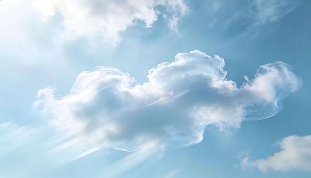 Soft cumulus cloud drifting across sunlit azure sky with wispy cirrus trails and sunbeams