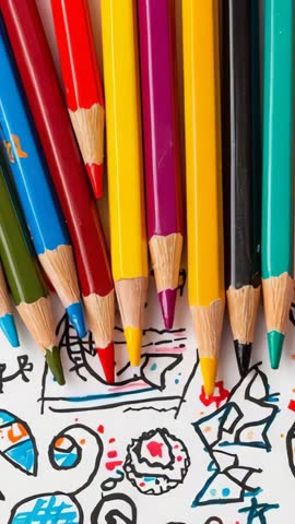 Looping vertical video of sharpened colored pencils on doodled paper for creative projects