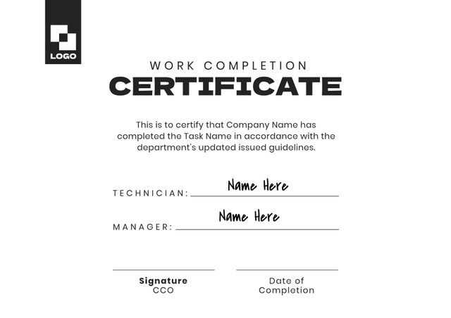 Image of template of work completion certificate on white background. Job contracts, certificates, occupation and employment concept.