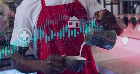 Barista pouring milk into cup with candlestick stock chart overlay for coffee business concept