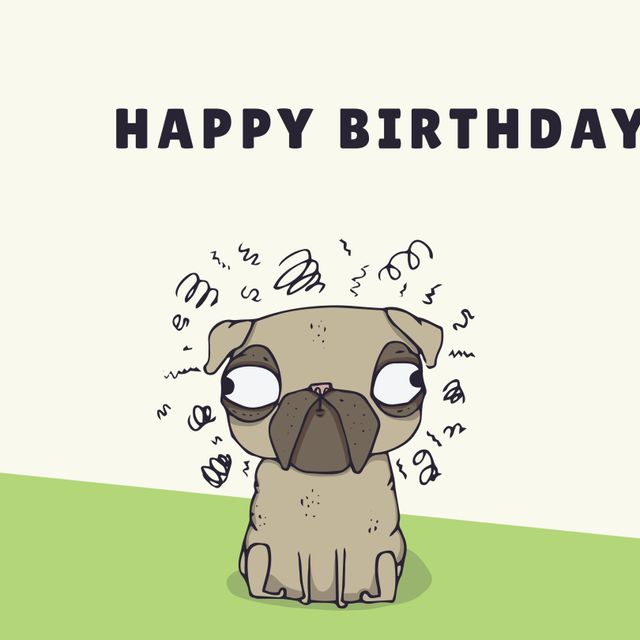 This adorable pug-themed birthday card is perfect for sending birthday wishes to pet lovers. Features a cute cartoon-style pug with whimsical elements, ideal for pet-themed celebrations, humorous birthday greetings, or animal lovers. Great for printable cards or digital messages.