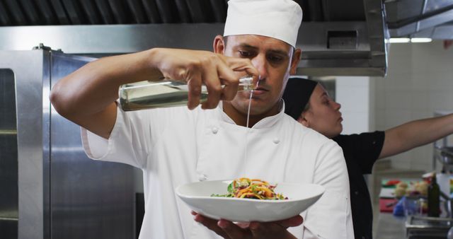 Professional chef skillfully garnishing dish with olive oil in commercial kitchen. Ideal for use in culinary education materials, chef training resources, food blogs, and restaurant promotions. Showcases professional cooking techniques and high-quality food preparation.