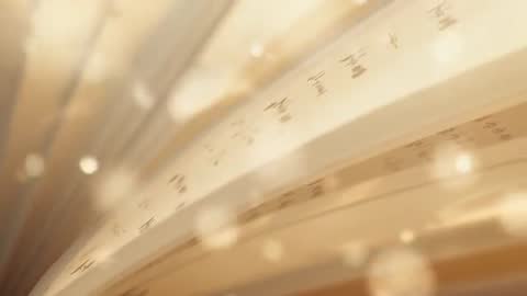 Panning shot revealing curved manuscript pages with flowing calligraphy and warm bokeh