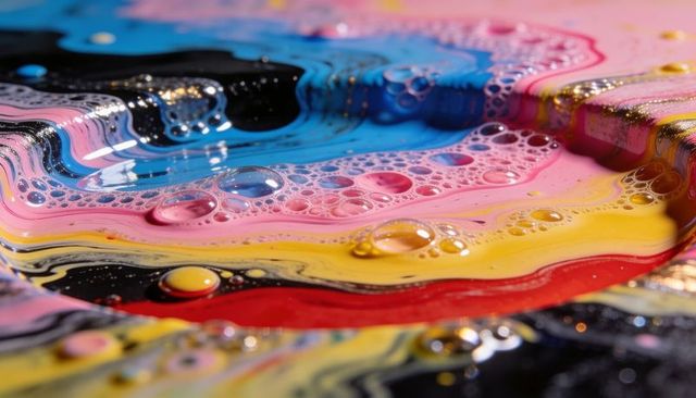 Poured paint pool forming marbled layers with bubbles and gold flecks macro abstract