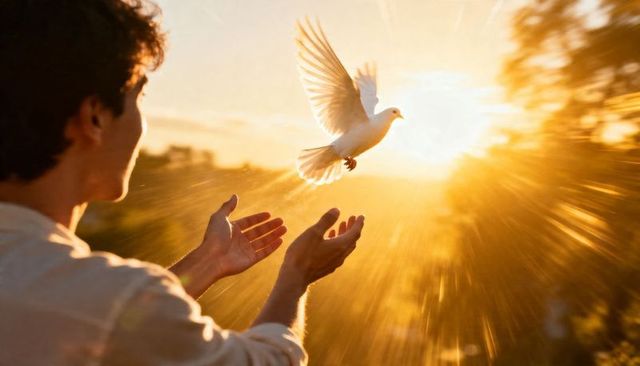 Man releasing white dove in golden-hour sunset light symbolizing freedom hope and peace