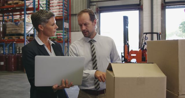 Front view close up of a middle aged Caucasian male and middle aged Caucasian female warehouse manager, standing by a stack of boxes in a warehouse loading bay using a laptop and a barcode scanner together, talking and smiling. They are working in a freight transportation and distribution warehouse. Industrial and industrial workers concept 4k