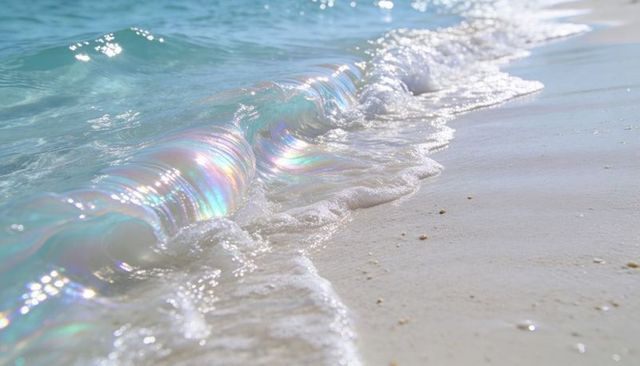 Shimmering iridescent wave curling onto powdery white sand with rainbow sunlight glints