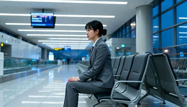 Asian businesswoman waiting at airport gate in grey suit, minimalist modern terminal