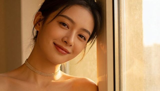 Sunlit portrait smiling asian woman leaning on window frame wearing choker and strapless