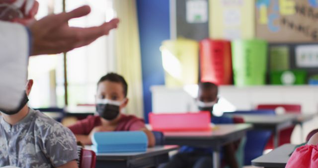 Children Wearing Masks in Classroom with Teacher - Download Free Stock Images Pikwizard.com