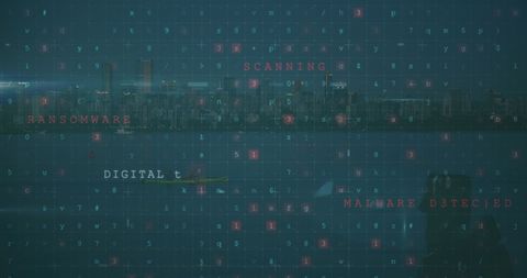 Digital data stream overlay on metropolitan cityscape