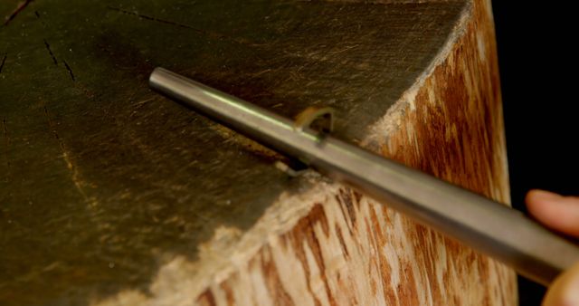 Close up image of sharpening a metal blade on a tree stump surface. Ideal for content related to woodworking, tool maintenance, craftsmanship, or workshops. Useful for educational or DIY project materials.