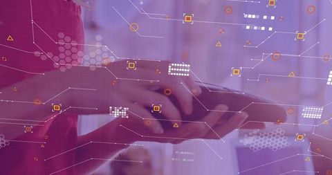 Colleagues collaborating on tablet with data overlays and touchscreen interaction for teams
