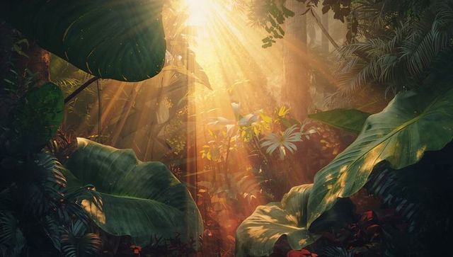 Sunlight beams illuminate lush rainforest with vibrant foliage