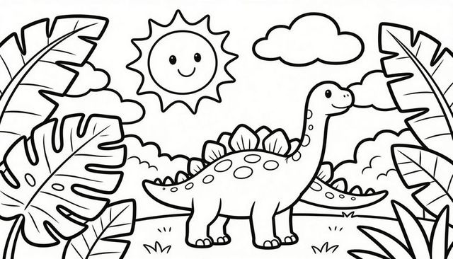Smiling long-necked dinosaur coloring page with tropical leaves and sun