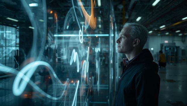 Engineer Examining Holographic Blue-Orange Data Streams on Glass Panel in Industrial Lab