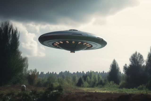UFO spaceship hovering over a tranquil forest with a partially cloudy sky at dusk. Perfect for use in sci-fi themed projects, technology-oriented campaigns, or mysterious and extraterrestrial concepts.