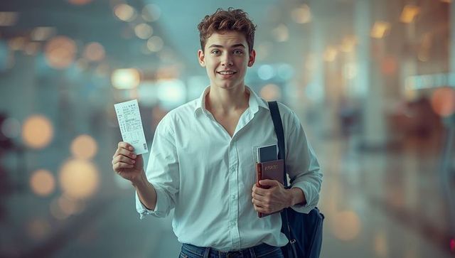 Happy traveler holding passport and boarding pass at airport terminal