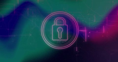 Glowing Neon Padlock Cybersecurity Concept in Digital Network