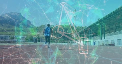 Teen Runner on Track with Technology Network Overlay