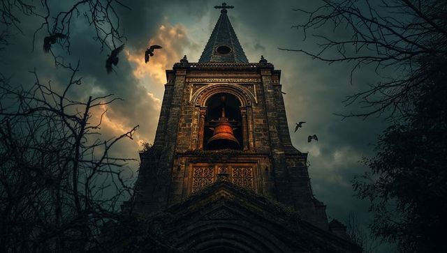 Gothic bell tower with birds and dramatic sky