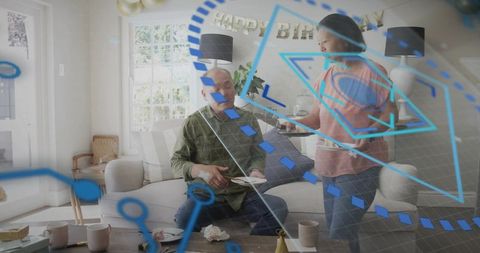 Mature couple sharing birthday cake in cozy living room with augmented reality overlay