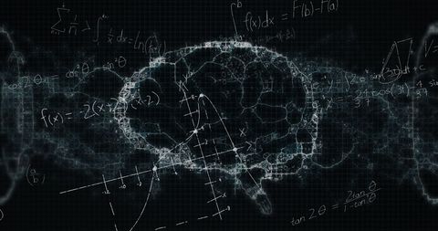 Mathematical equations over digital brain on black background