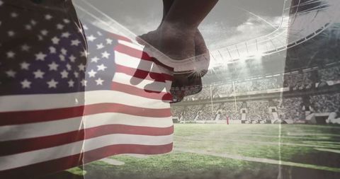 Couple holding hands on stadium turf with american flag overlay