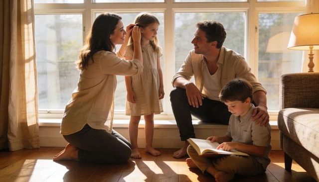 Parents tending daughter hair while son reads book in sunlit cozy family living room