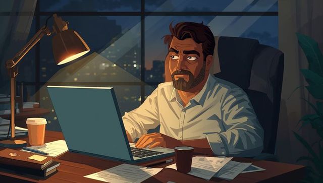 Late-night professional working on laptop in urban office, moody focus and productivity
